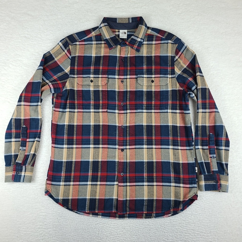 The North Face Shirt Mens XL Blue Beige Red Plaid Cotton Flannel Button Up